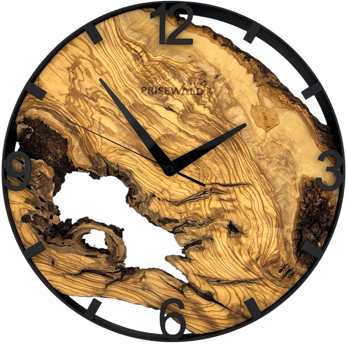 Runde Wanduhr aus Olivenholz, 35 cm, schwarzer Rahmen, arabische Ziffern