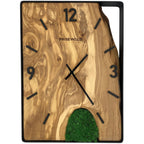 Rechteckige Wanduhr aus Olivenholz, 35 cm, schwarzer Rahmen, arabische Ziffern, grünes Moos