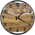 Runde Wanduhr aus Walnussholz, 35 cm, schwarzer Rahmen, arabische Ziffern, Durchsichtiges Epoxidharz, Seesterne