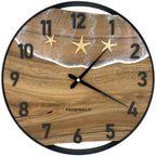 Runde Wanduhr aus Walnussholz, 35 cm, schwarzer Rahmen, arabische Ziffern, Durchsichtiges Epoxidharz, Seesterne