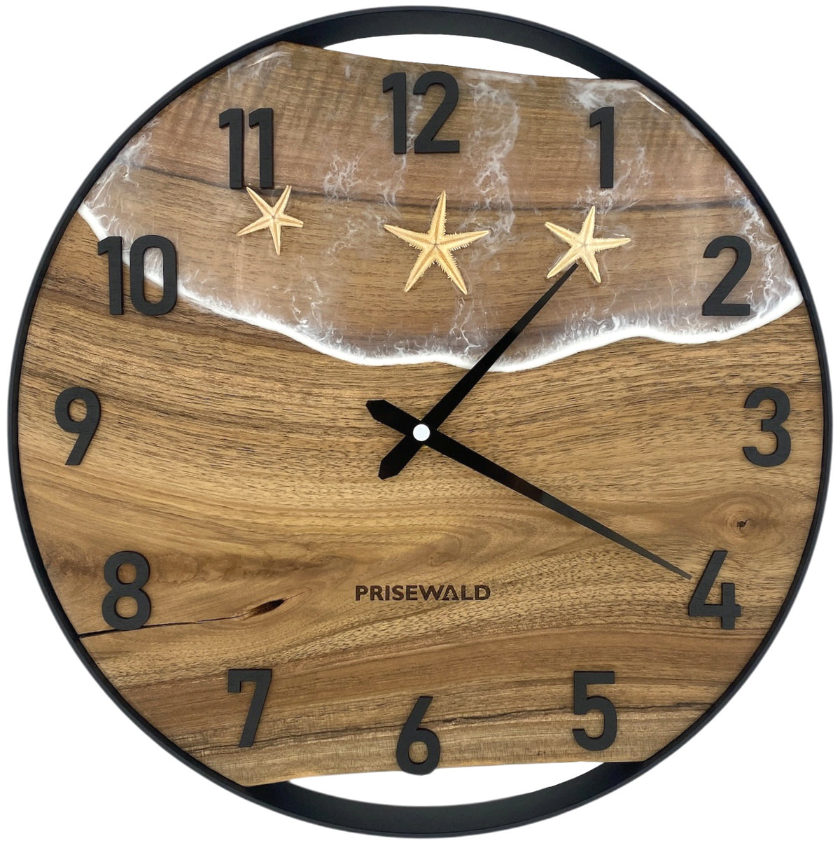 Runde Wanduhr aus Walnussholz, 35 cm, schwarzer Rahmen, arabische Ziffern, Durchsichtiges Epoxidharz, Seesterne