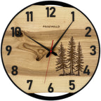 Runde Wanduhr aus Eschenholz, 35 cm, schwarzer Rahmen, arabische Ziffern, 3 Weihnachtsbäume