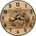 Runde Wanduhr aus Eschenholz, 35 cm, schwarzer Rahmen, arabische Ziffern, Bon Appetit