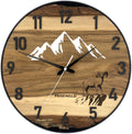 Runde Wanduhr aus Walnussholz, 35 cm, schwarzer Rahmen, arabische Ziffern, Verschneite Berge, ein Widder auf einem Felsen