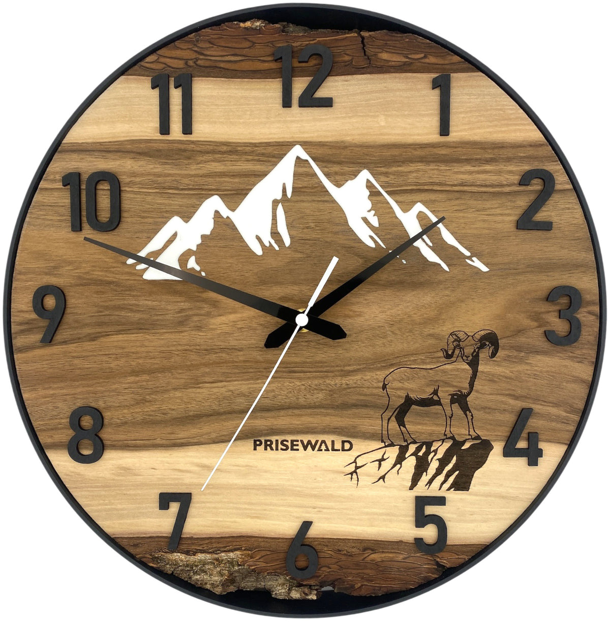 Runde Wanduhr aus Walnussholz, 35 cm, schwarzer Rahmen, arabische Ziffern, Verschneite Berge, ein Widder auf einem Felsen