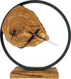 Runde Möbeluhr aus Olivenholz, 35 cm, schwarzer Rahmen, keine Ziffern