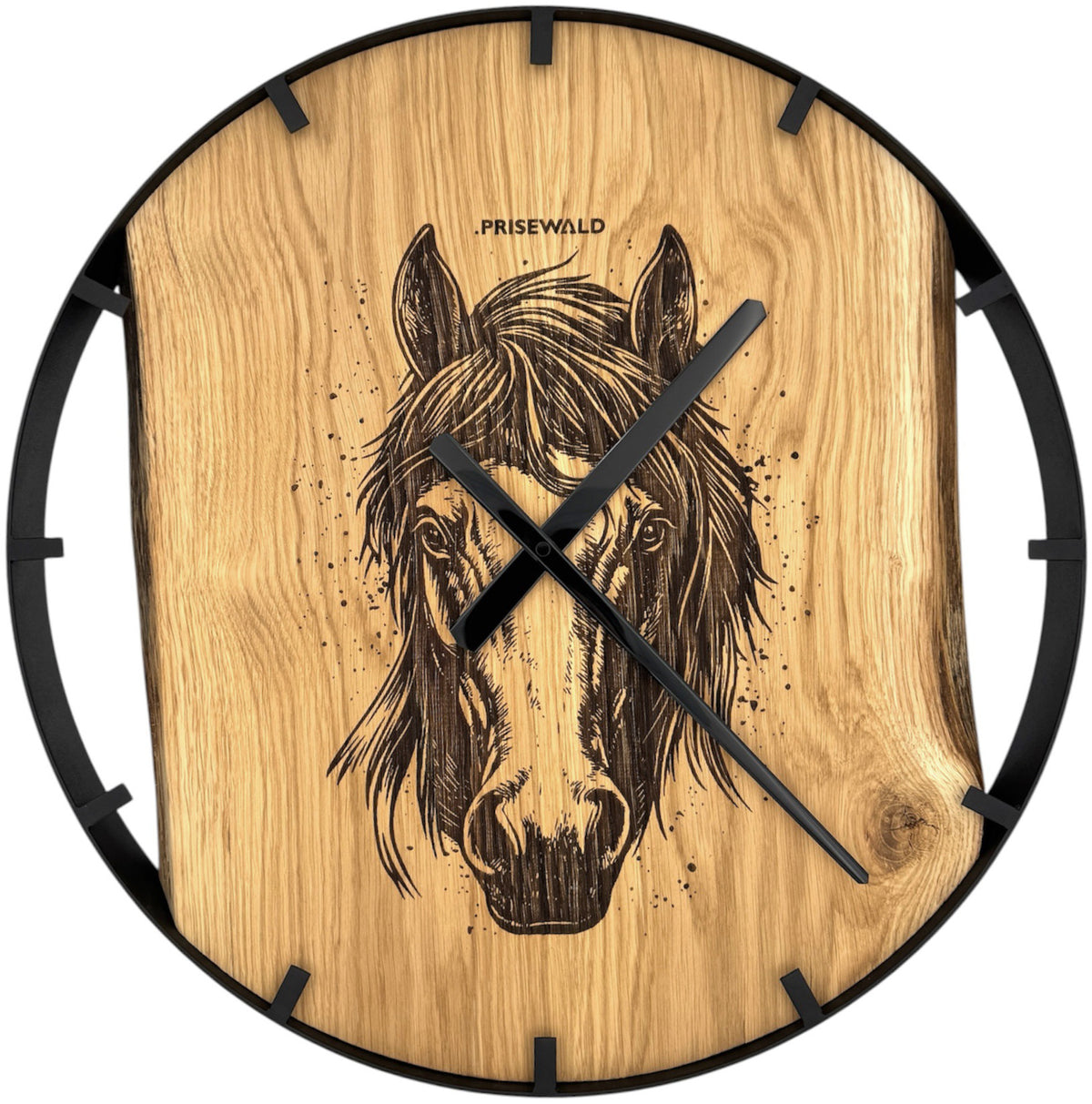 Round wall clock made of oak wood, 50 cm, black frame, graduations and numerals
