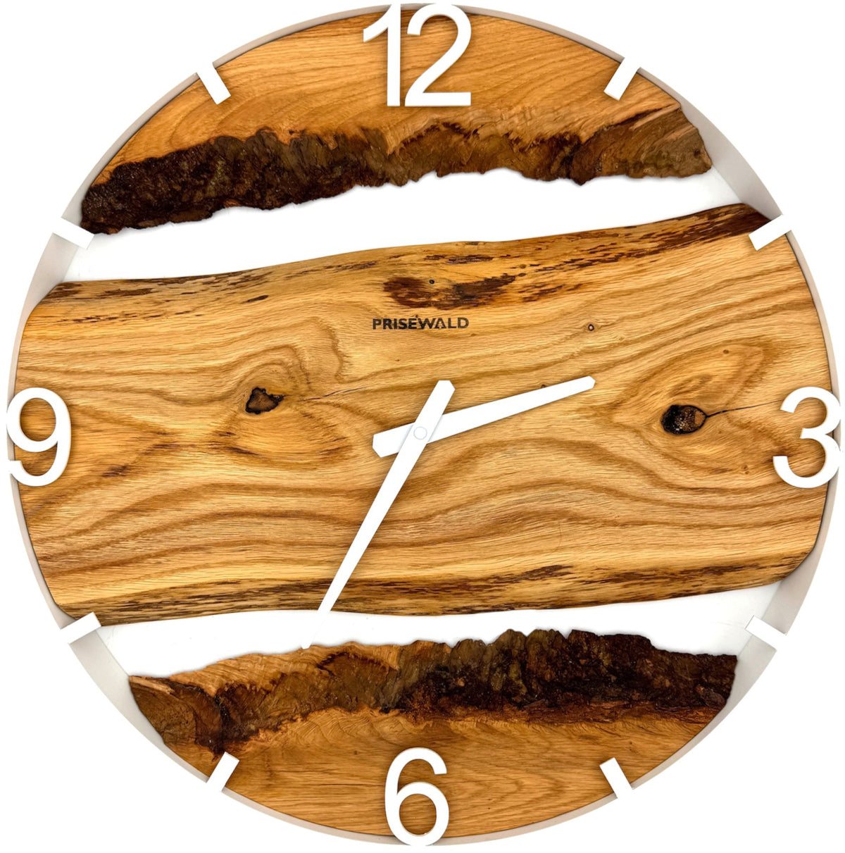 Horloge murale ronde en chêne laqué noir, 50 cm, cadre blanc, chiffres arabes, résine époxy bleue