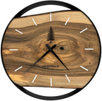 Horloge murale ronde en noyer, 35 cm, cadre noir, chiffres partiels, résine époxy turquoise, mousse verte, île, planche de surf, côte