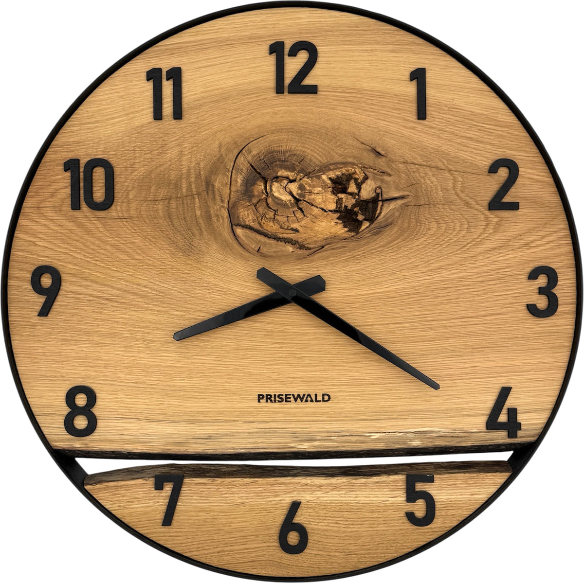 Round oak wall clock, 50 cm, black frame, Arabic numerals