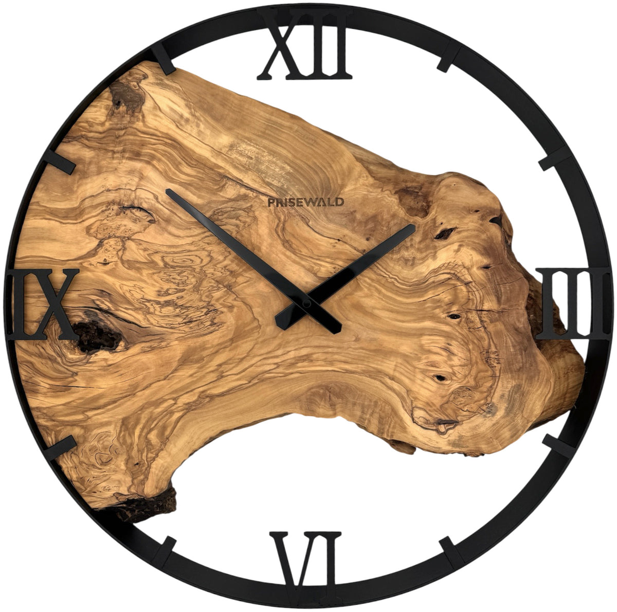 Runde Wanduhr aus Olivenholz, 50 cm, schwarzer Rahmen, römische Ziffern
