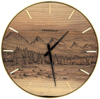 Horloge murale ronde en noyer, 35 cm, cadre blanc, chiffres en bâtons, montagnes enneigées, mousse verte