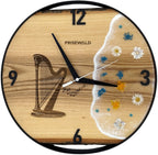 Runde Wanduhr aus Eschenholz, 35 cm, schwarzer Rahmen, arabische Ziffern, Durchsichtiges Epoxidharz, Blumen, Harfe