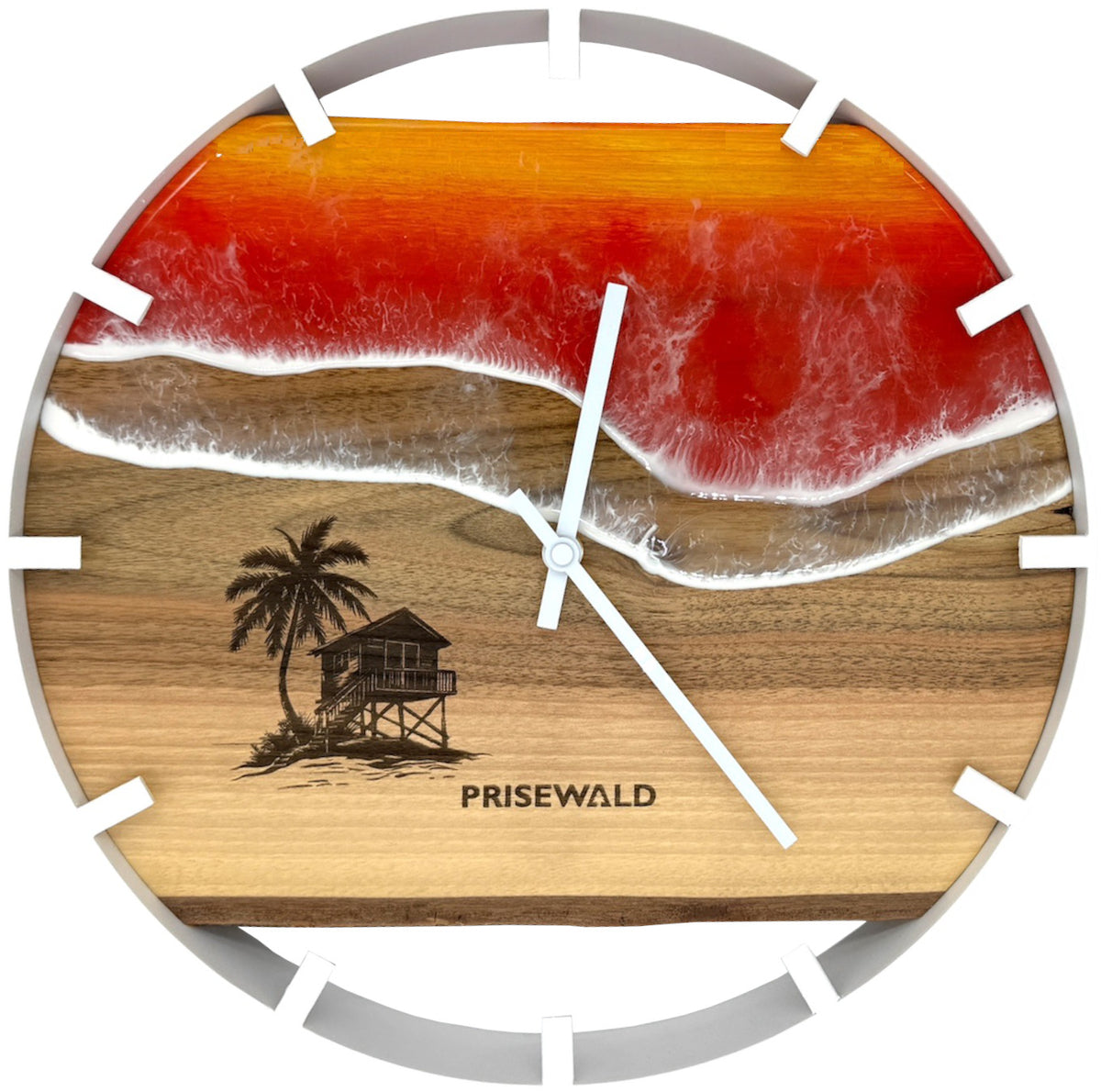 Horloge murale ronde en noyer, 35 cm, cadre blanc, chiffres arabes, résine époxy couleur coucher de soleil, VW