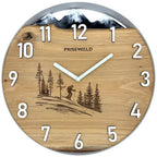 Round oak wall clock, 35 cm, white frame, white Arabic numerals, blue epoxy resin, diver underwater