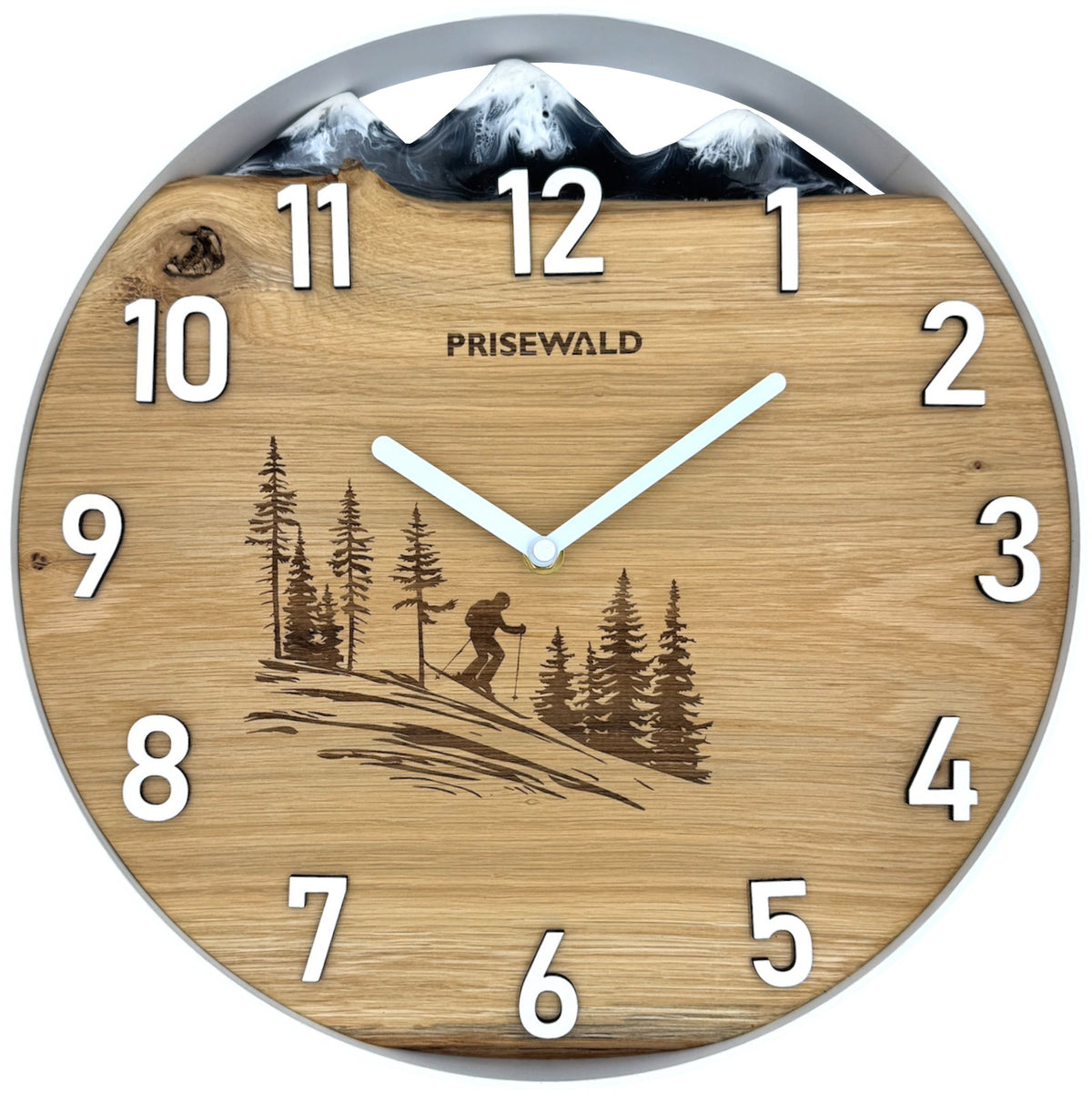 Round oak wall clock, 35 cm, white frame, white Arabic numerals, blue epoxy resin, diver underwater