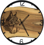 Round Walnut Wall Clock, 50 cm, Black Frame, Arabic Numerals, Two Giraffes