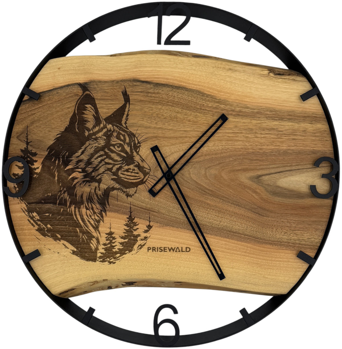 Round Walnut Wall Clock, 50 cm, Black Frame, Arabic Numerals, Two Giraffes