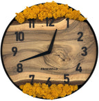 Runde Wanduhr aus Walnussholz, 35 cm, schwarzer Rahmen, arabische Ziffern, gelbes Moos