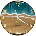 Runde Wanduhr aus Eichenholz, 35 cm, goldener Rahmen, arabische Ziffern, türkises Epoxidharz
