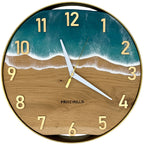 Runde Wanduhr aus Eichenholz, 35 cm, goldener Rahmen, arabische Ziffern, türkises Epoxidharz