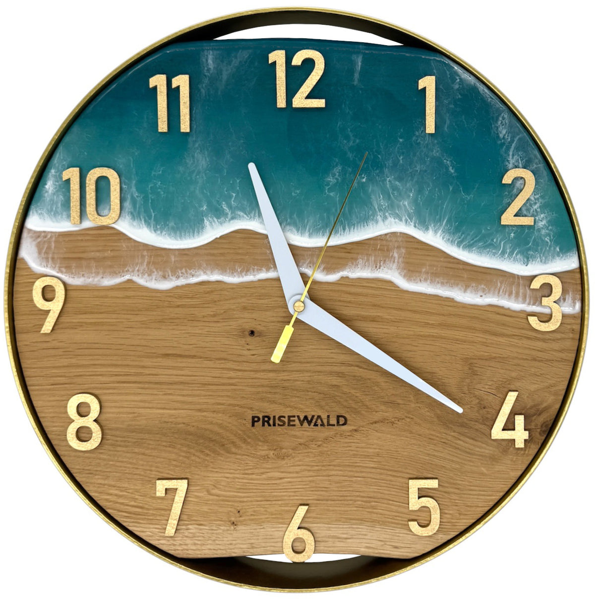 Runde Wanduhr aus Eichenholz, 35 cm, goldener Rahmen, arabische Ziffern, türkises Epoxidharz