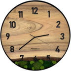 Round wall clock made of walnut wood, 50 cm, black frame, Arabic numerals, green moss, eagle