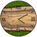 Runde Wanduhr aus Walnussholz, 50 cm, schwarzer Rahmen, römische Ziffern, grünes Moos