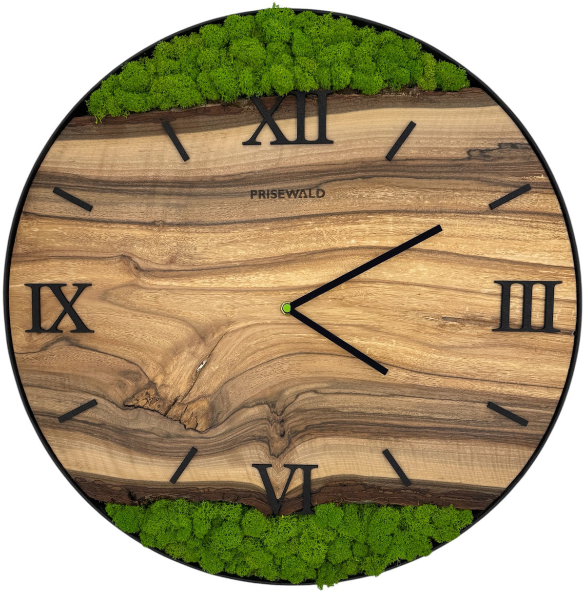 Runde Wanduhr aus Walnussholz, 50 cm, schwarzer Rahmen, römische Ziffern, grünes Moos