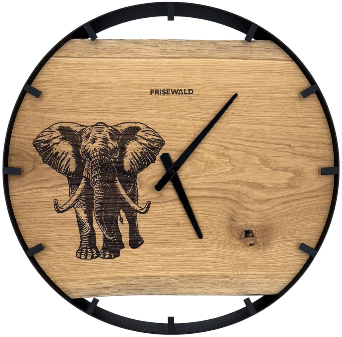 Round wall clock made of oak wood, 50 cm, black frame, graduations, numbers, plants