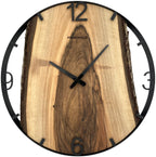 Round wall clock made of walnut wood, 50 cm, black frame, Arabic numerals, green moss, eagle