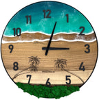 Round wall clock made of walnut wood, 50 cm, black frame, graduations, turquoise epoxy resin, whale