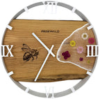 Round wall clock made of oak wood, 35 cm, white frame, Arabic numerals, transparent epoxy resin, flowers