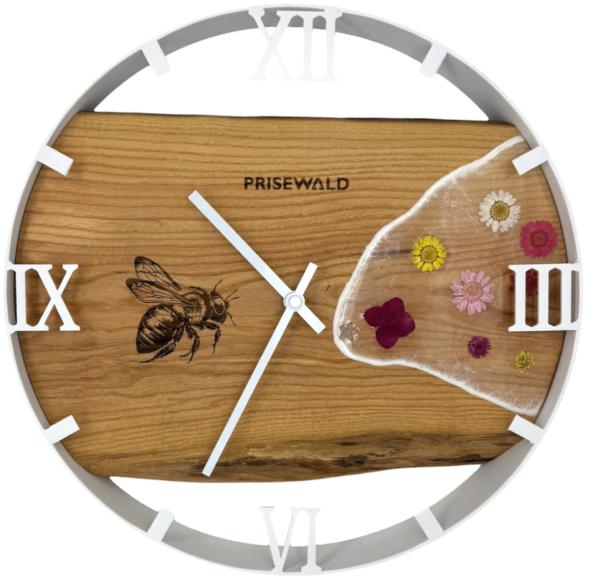Round wall clock made of oak wood, 35 cm, white frame, Arabic numerals, transparent epoxy resin, flowers