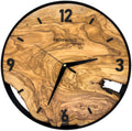 Round wall clock made of olive wood, 35 cm, black frame, Arabic numerals