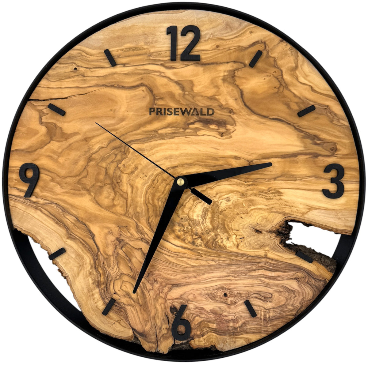 Round wall clock made of olive wood, 35 cm, black frame, Arabic numerals