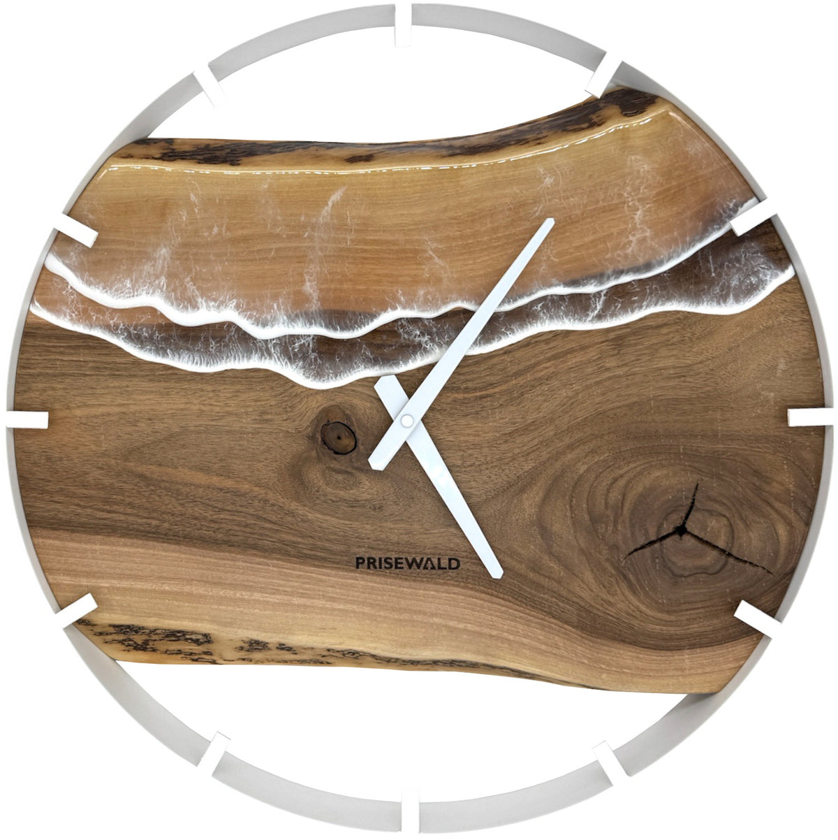 Round wall clock made of walnut wood, 50 cm, white frame, black epoxy resin, snowboarder, snow-covered mountains in the background