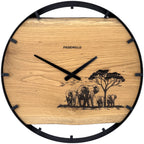 Runde Wanduhr aus Eichenholz, 50 cm, schwarzer Rahmen, Teilstriche Ziffern, Elefanten in der Savanne