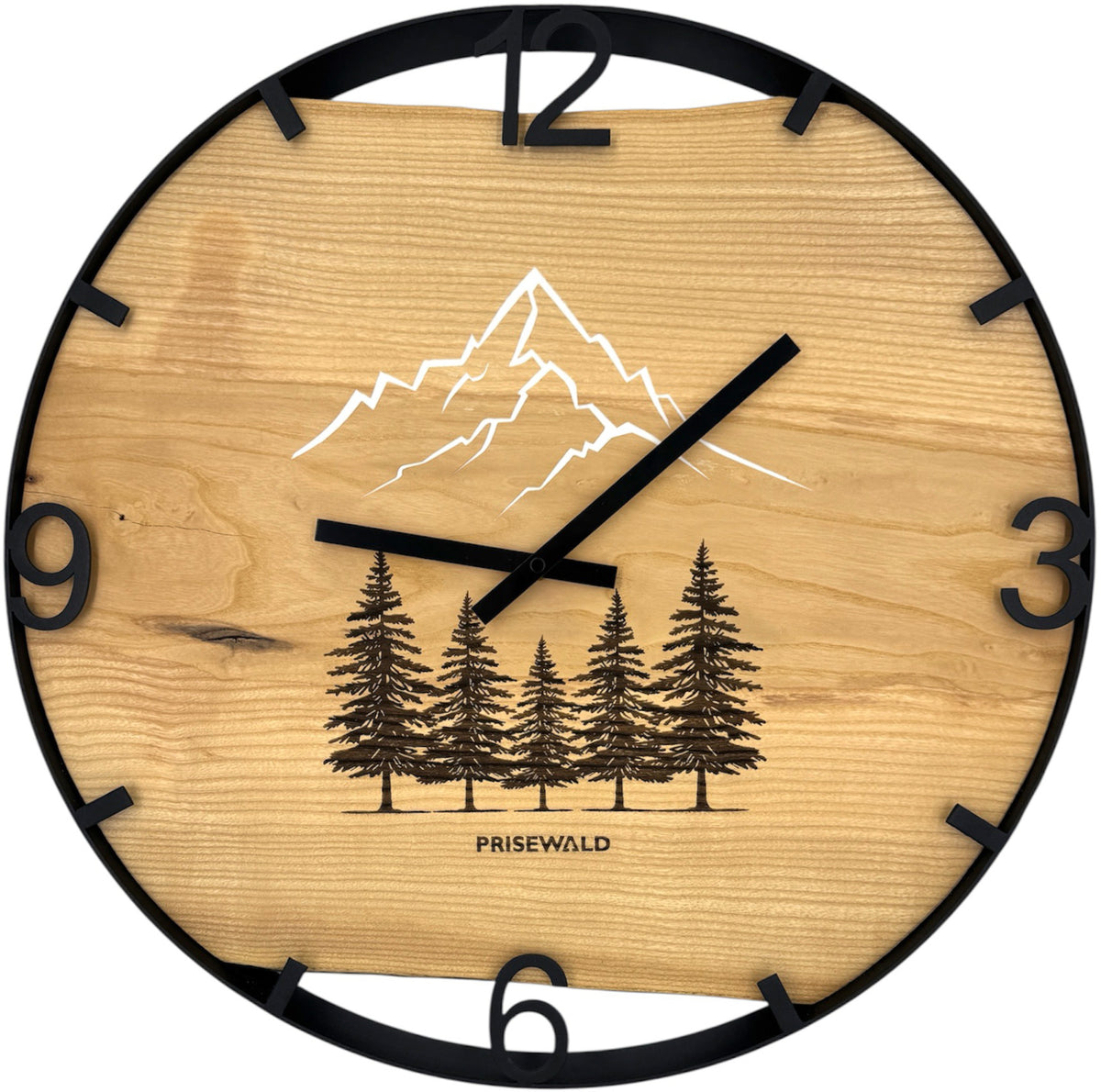 Round wall clock made of ash wood, 50 cm, black frame, Arabic numerals