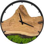 Runde Wanduhr aus Walnussholz, 50 cm, schwarzer Rahmen, Teilstriche Ziffern, grünes Moos, Matterhorn