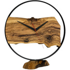 Round wall clock made of olive wood, 35 cm, black frame, no numbers