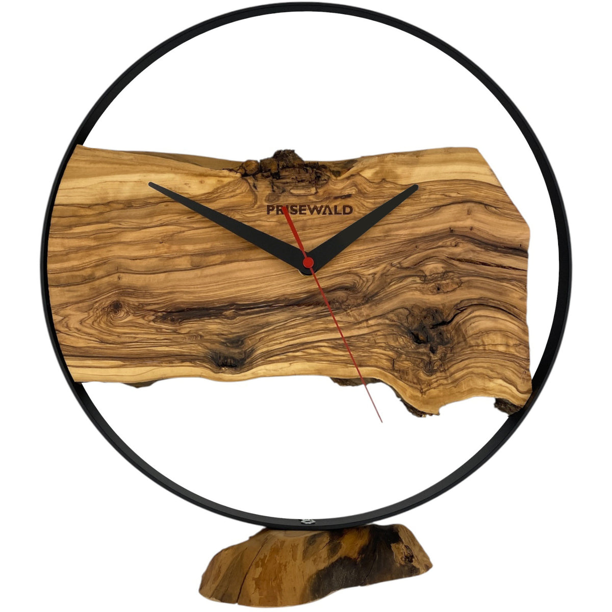 Round wall clock made of olive wood, 35 cm, black frame, no numbers