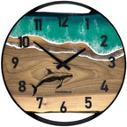 Runde Wanduhr aus Walnussholz, 50 cm, schwarzer Rahmen, arabische Ziffern, türkises Epoxidharz, Wal