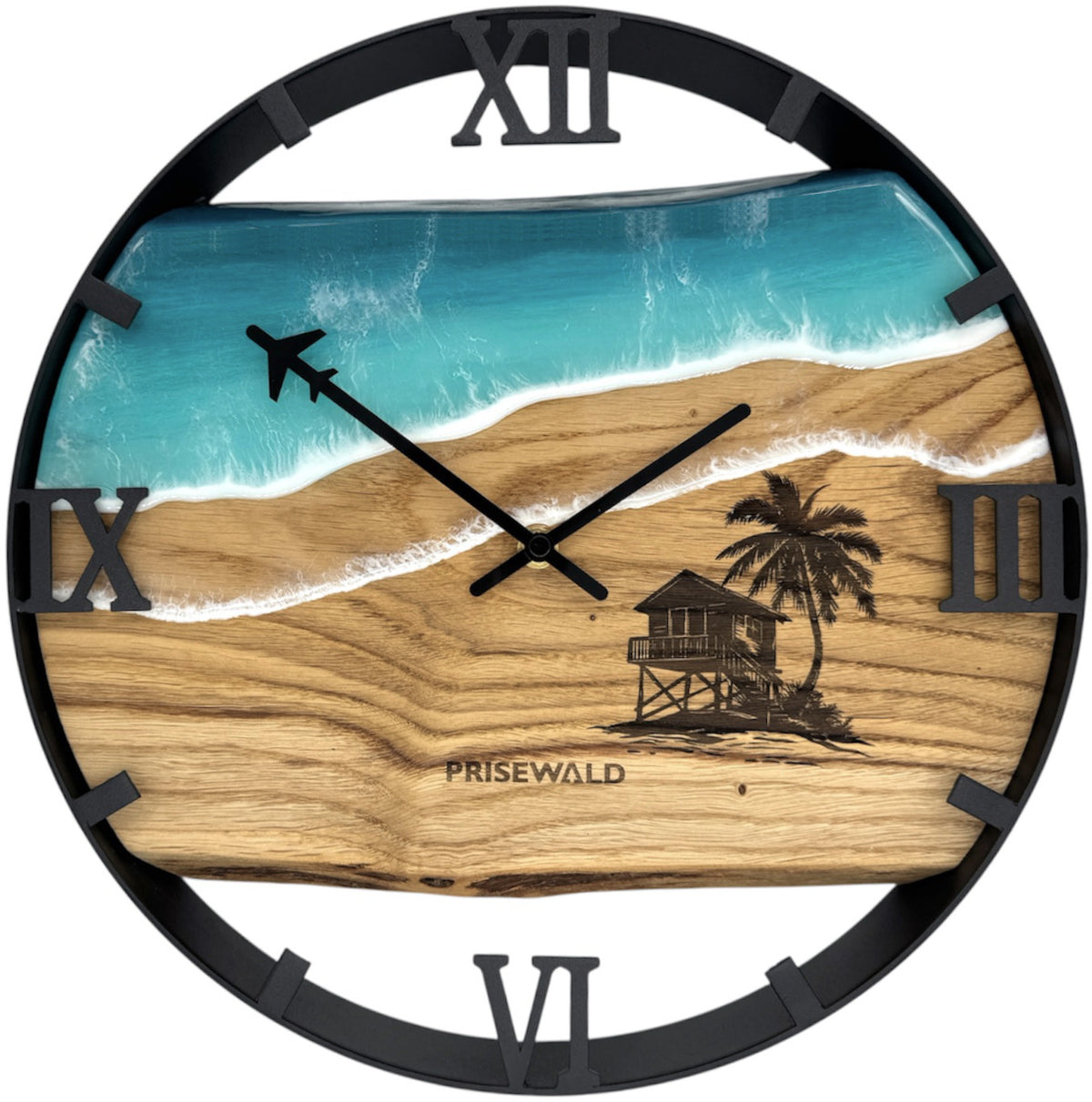 Runde Wanduhr aus Eichenholz, 35 cm, schwarzer Rahmen, römische Ziffern, türkises Epoxidharz, Häuschen mit Palme