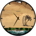 Horloge murale ronde en bois de frêne, 50 cm, cadre noir, chiffres arabes, résine époxy turquoise