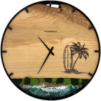 Horloge murale ronde en bois de frêne, 50 cm, cadre noir, chiffres arabes, résine époxy turquoise