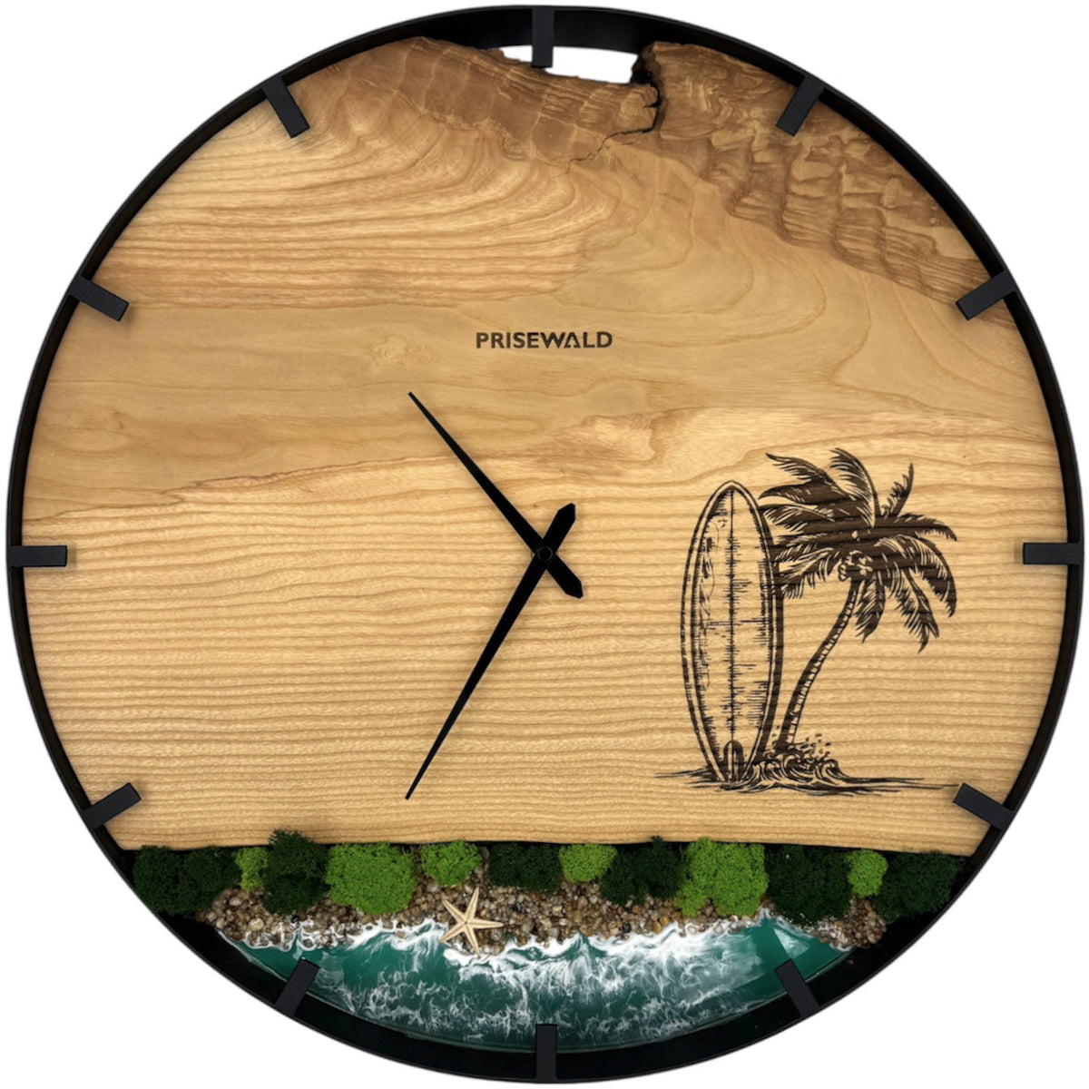 Horloge murale ronde en bois de frêne, 50 cm, cadre noir, chiffres arabes, résine époxy turquoise