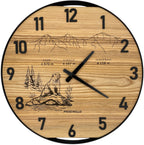Runde Wanduhr aus Eschenholz, 50 cm, schwarzer Rahmen, arabische Ziffern, Eiger, Mönch, Jungfrau, Murmeltier