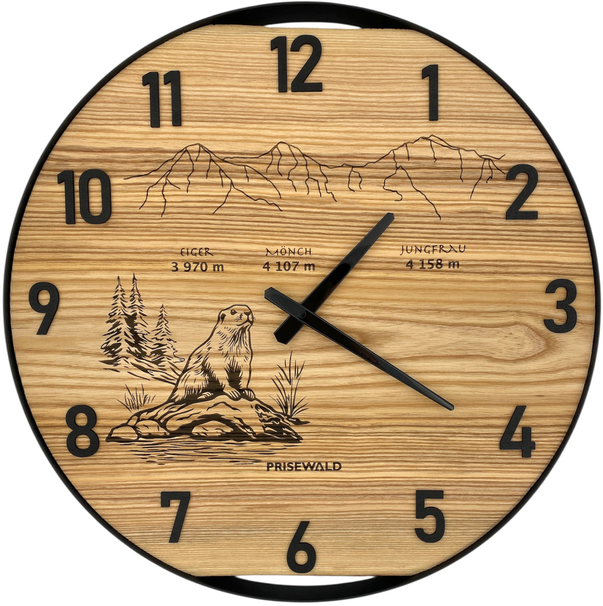 Runde Wanduhr aus Eschenholz, 50 cm, schwarzer Rahmen, arabische Ziffern, Eiger, Mönch, Jungfrau, Murmeltier