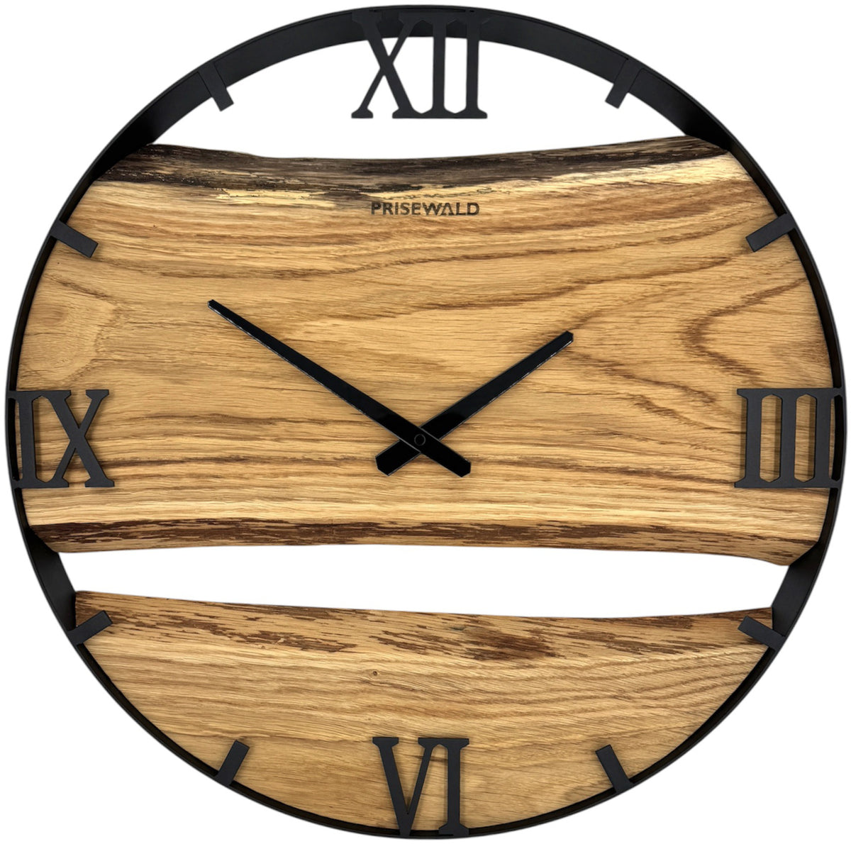 Runde Wanduhr aus Eichenholz, 50 cm, schwarzer Rahmen, römische Ziffern